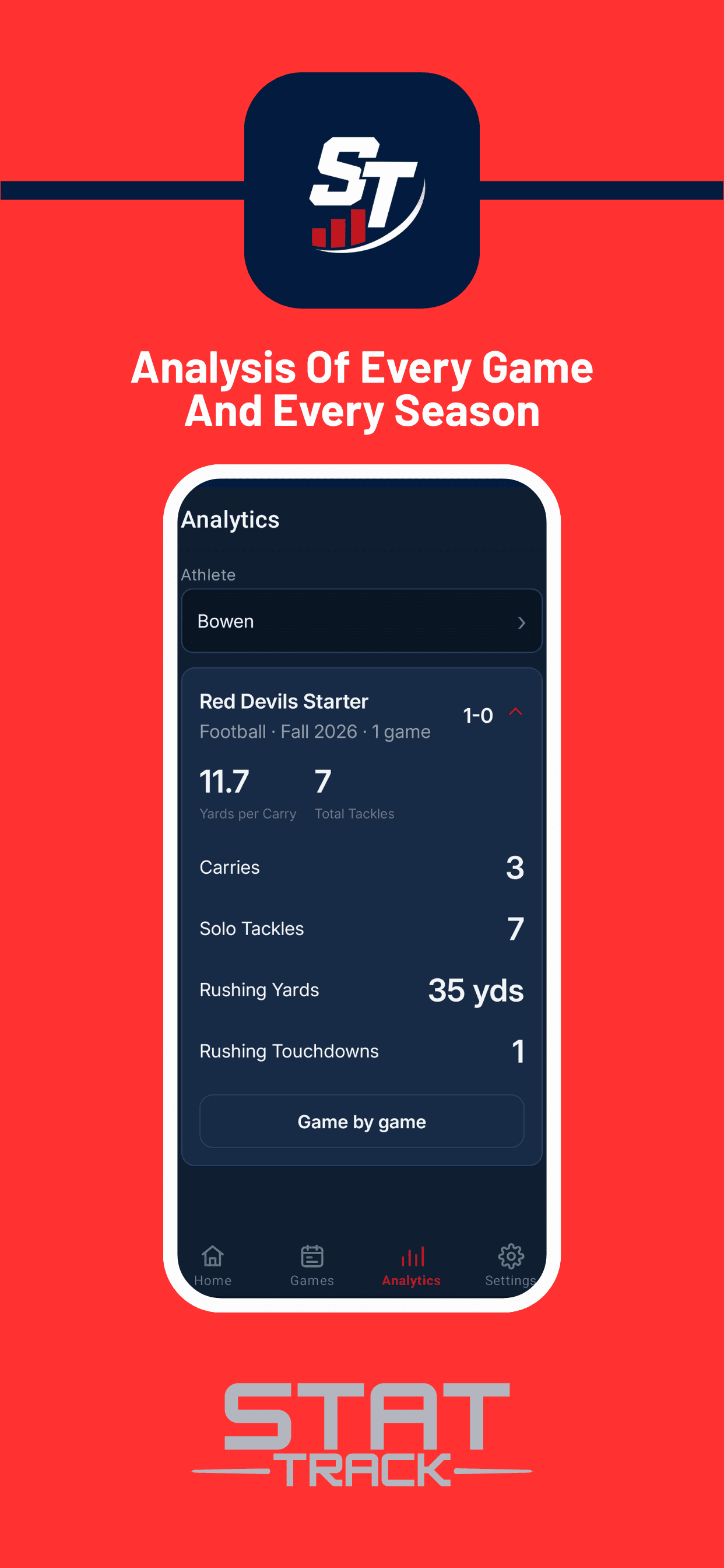 Season analytics for one athlete showing yards per carry, total tackles, rushing yards and touchdowns.